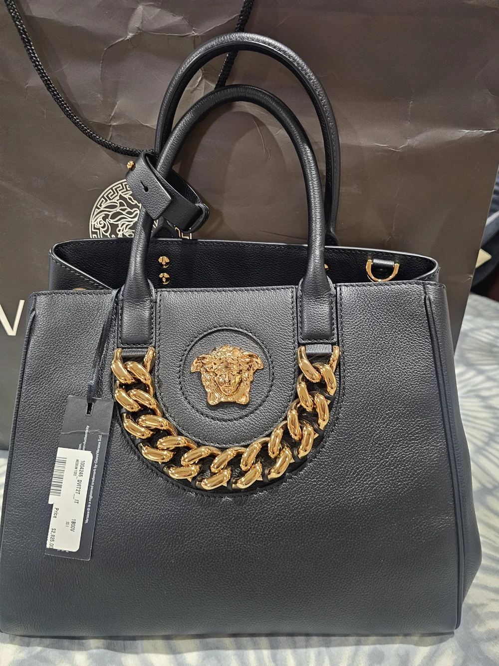 Versace Black Medusa Leather Tote with Gold Chain